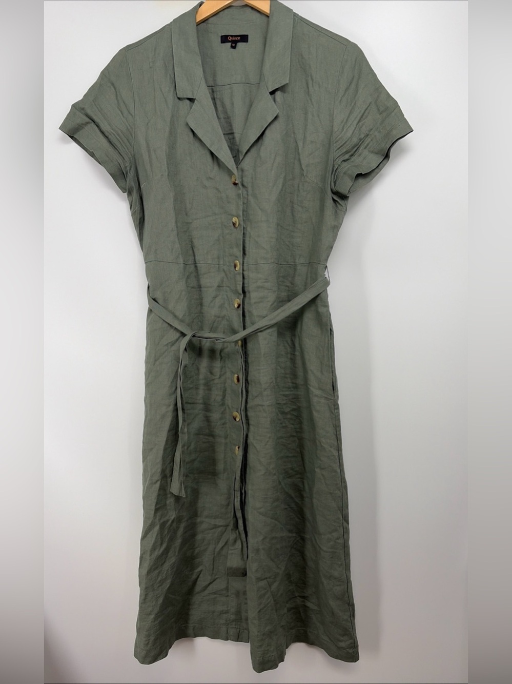Quince 100% European Linen Button Front Dress Green Sz Medium
